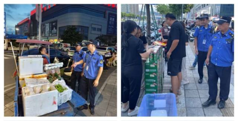 执法部门联合劝导周边占道经营现象。